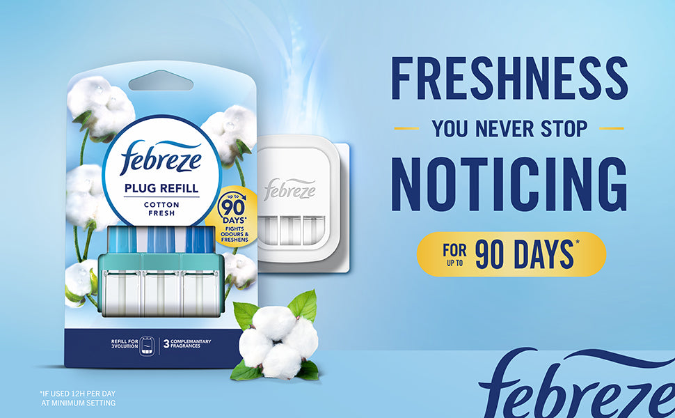 Febreze 3Volution Cotton Fresh Scent - Plug In Diffuser Air Freshener Refills - Home & Office Odour Eliminator Fragrances 20ml