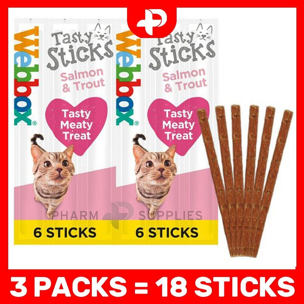 3 x Webbox Tasty Sticks Cat Treats Salmon & Trout - 6 Sticks Kitten Meat Treat