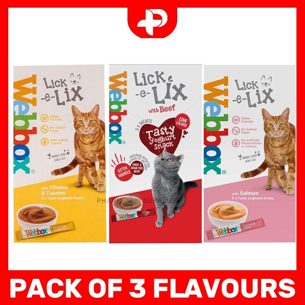 Webbox Lick-e-Lix Yoghurt Kitten Treat Cat Food Cheese & Taurine Beef Salmon-15g