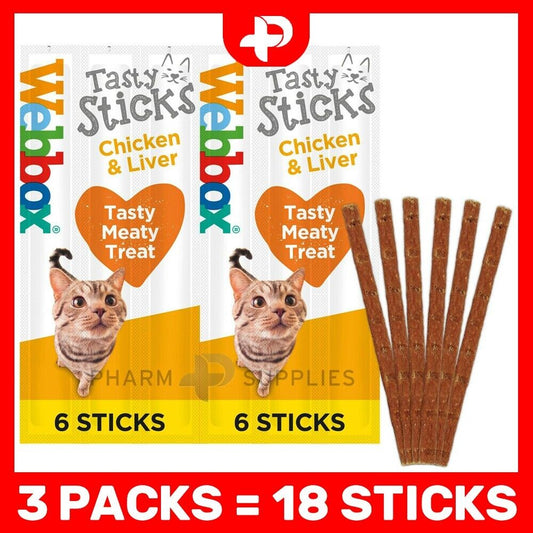 3 x Webbox Tasty Sticks Cat Treats Chicken & Liver - 6 Sticks Kitten Meat Treat